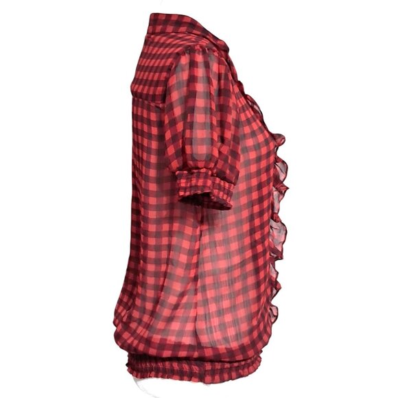 Y2K Red & Black Checkered Sheer Ruffle Blouse Short Sleeve Button Front Elastic - Picture 5 of 5